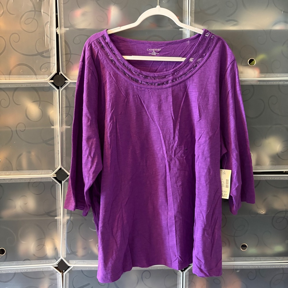 Catherines Purple Slub Knit Lace Trim Scoop Neck 3/4 Sleeve Top 2X 22/24W NWT